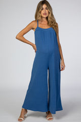 Blue French Terry Wide Leg Maternity Jumpsuit