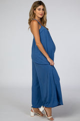 Blue French Terry Wide Leg Maternity Jumpsuit