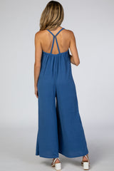 Blue French Terry Wide Leg Maternity Jumpsuit