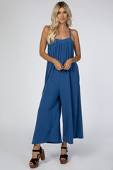 Blue French Terry Wide Leg Maternity Jumpsuit