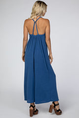 Blue French Terry Wide Leg Jumpsuit