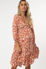 Rust Floral V-Neck Maternity Dress