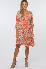 Rust Floral V-Neck Maternity Dress