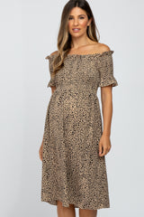 Taupe Animal Print Off Shoulder Maternity Dress