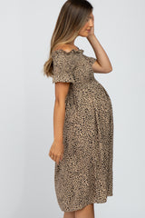 Taupe Animal Print Off Shoulder Maternity Dress