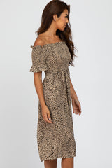 Taupe Animal Print Off Shoulder Dress