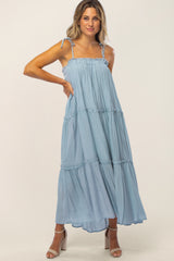 Light Blue Tie Strap Ruffle Maxi Dress