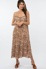 Taupe Floral Print Tiered Maternity Midi Dress