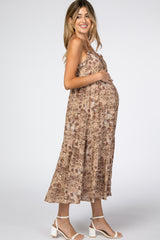 Taupe Floral Print Tiered Maternity Midi Dress