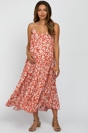 Red Floral Sleeveless Pleated Maternity Maxi Dress