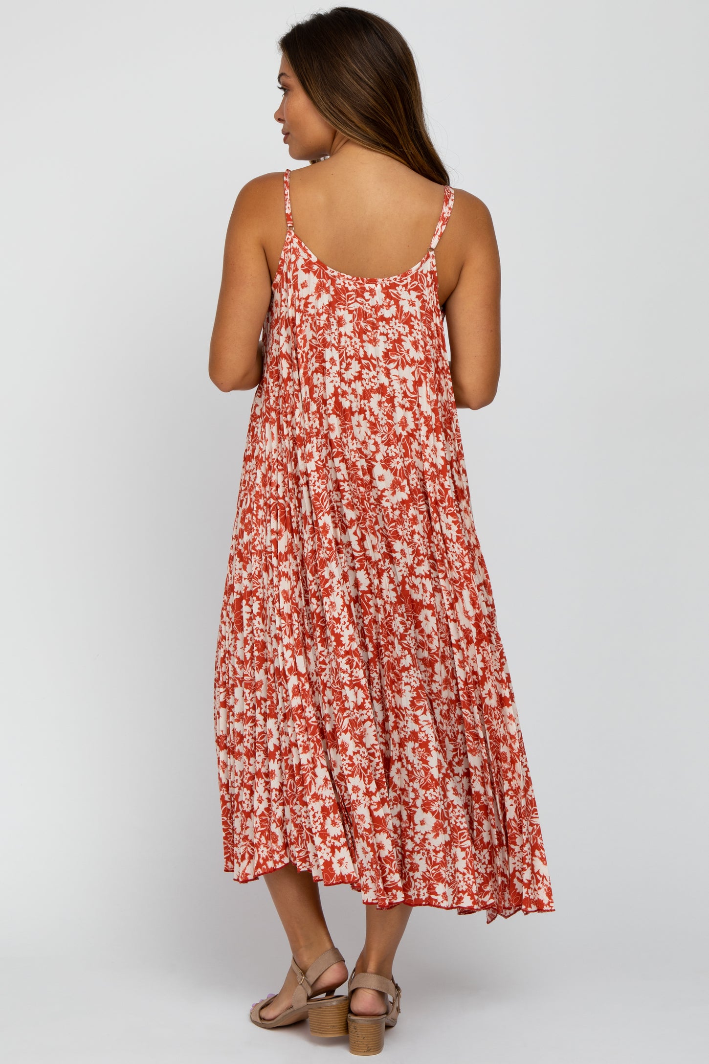 Red Floral Sleeveless Pleated Maternity Maxi Dress– PinkBlush