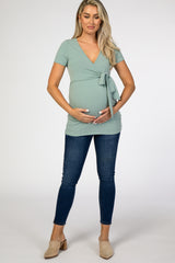 Mint Green Wrap Front Tie Maternity/Nursing Top