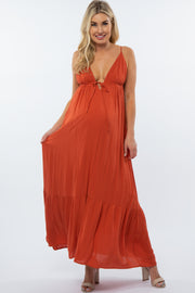 Rust Deep V-Neckline Maternity Maxi Dress