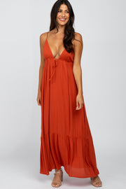 Rust Deep V-Neckline Maxi Dress