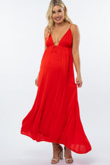 Red Deep V-Neckline Maternity Maxi Dress