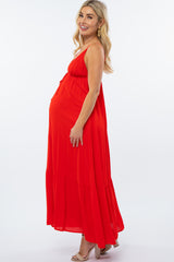 Red Deep V-Neckline Maternity Maxi Dress