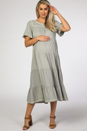 Light Olive Embroidered Tiered Maternity Midi Dress