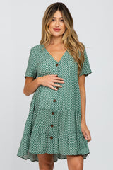 Green Leaf Print Button Front Maternity Dress