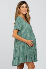 Green Leaf Print Button Front Maternity Dress