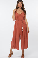 Red Stripe Pattern Frayed Neck Jumpsuit