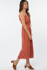 Red Stripe Pattern Frayed Neck Jumpsuit