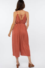 Red Stripe Pattern Frayed Neck Jumpsuit