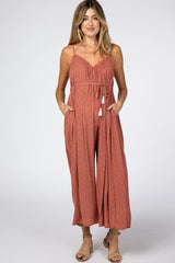 Red Stripe Pattern Frayed Neck Maternity Jumpsuit