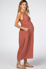 Red Stripe Pattern Frayed Neck Maternity Jumpsuit