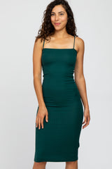 Forest Green Square Neck Ribbed Fitted Midi Dress