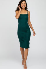 Forest Green Square Neck Ribbed Fitted Midi Dress