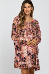 Magenta Floral Patchwork Print Tassel Tie Maternity Dress