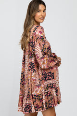 Magenta Floral Patchwork Print Tassel Tie Maternity Dress