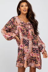 Magenta Floral Patchwork Print Tassel Tie Dress