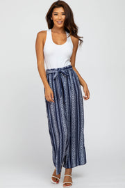 Navy Printed Tie Front Pants