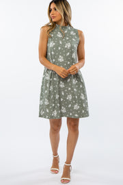 Light Olive Ribbed Floral Mock Neck Dress