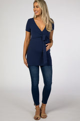 Navy Blue Wrap Front Tie Maternity/Nursing Top