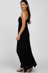 Black Sleeveless Pleated V-Neck Ruffle Trim Maxi Dress