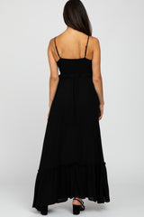 Black Sleeveless Pleated V-Neck Ruffle Trim Maxi Dress