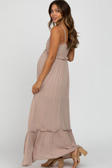 Taupe Sleeveless Pleated V-Neck Ruffle Trim Maternity Maxi Dress