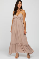 Taupe Sleeveless Pleated V-Neck Ruffle Trim Maxi Dress