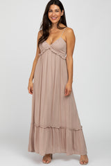 Taupe Sleeveless Pleated V-Neck Ruffle Trim Maxi Dress