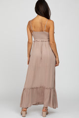 Taupe Sleeveless Pleated V-Neck Ruffle Trim Maxi Dress