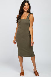 Olive Fitted Ruffle Strap Dress