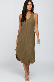 Olive Ribbed V-Neck Round Hem Midi Dress