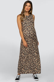 Brown Animal Print Ribbed Side Slit Maternity Maxi Dress