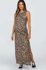 Brown Animal Print Ribbed Side Slit Maternity Maxi Dress