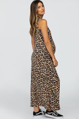 Brown Animal Print Ribbed Side Slit Maternity Maxi Dress