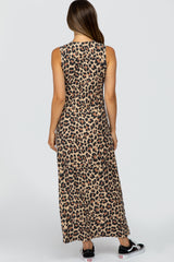 Brown Animal Print Ribbed Side Slit Maternity Maxi Dress