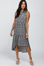 Black Printed Ruffle Hem Hi-Low Midi Dress