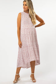 Mauve Printed Ruffle Hem Hi-Low Maternity Midi Dress